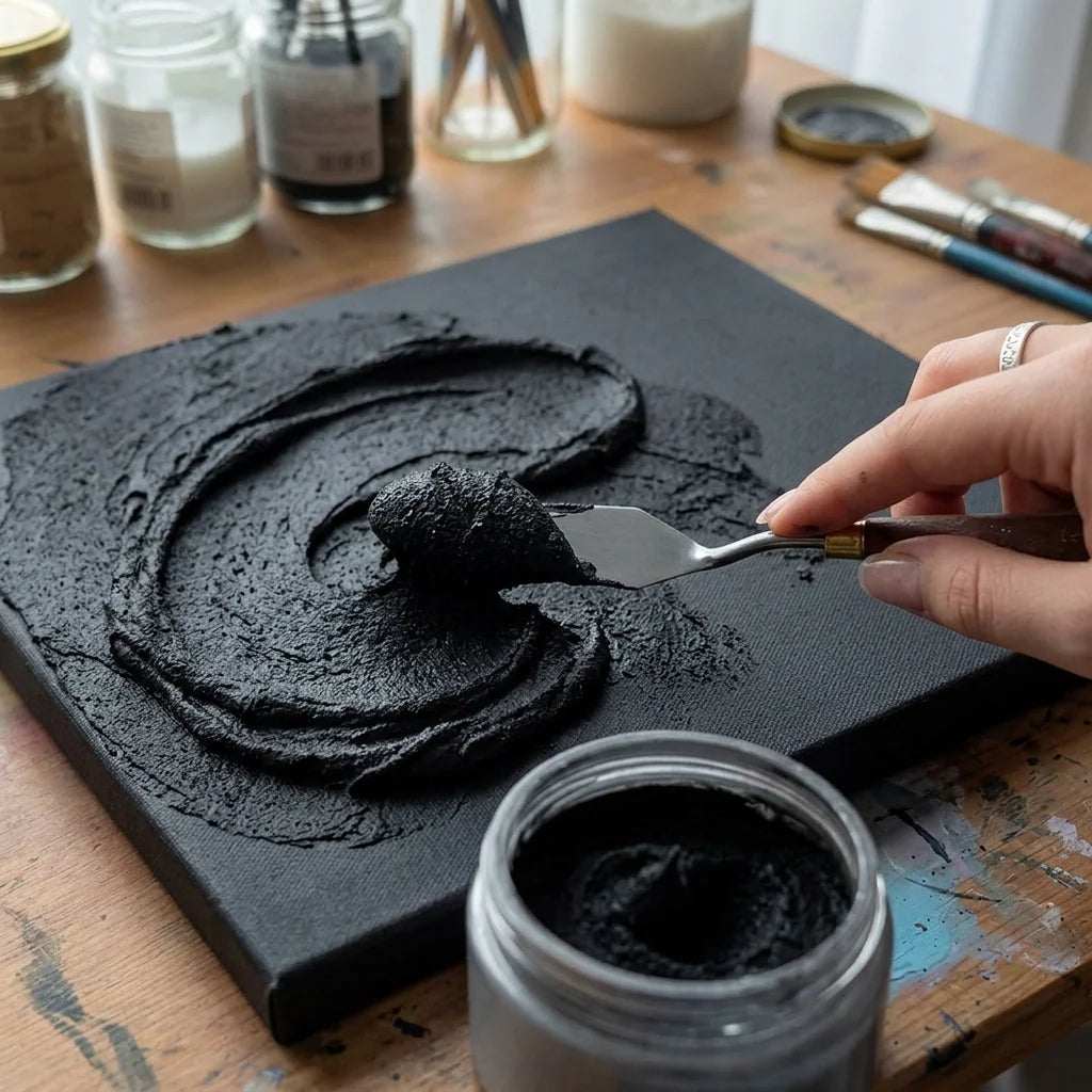 Auftragen der schwarzen Midnight 3D Strukturpaste mit dem Malspachtel auf Leinwand