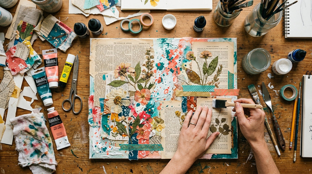 Künstlerische Mixed-Media-Arbeit mit verschiedenen Materialien und Werkzeugen