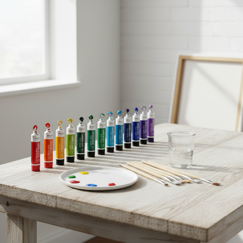 starter kit of acrylic paints and brushes