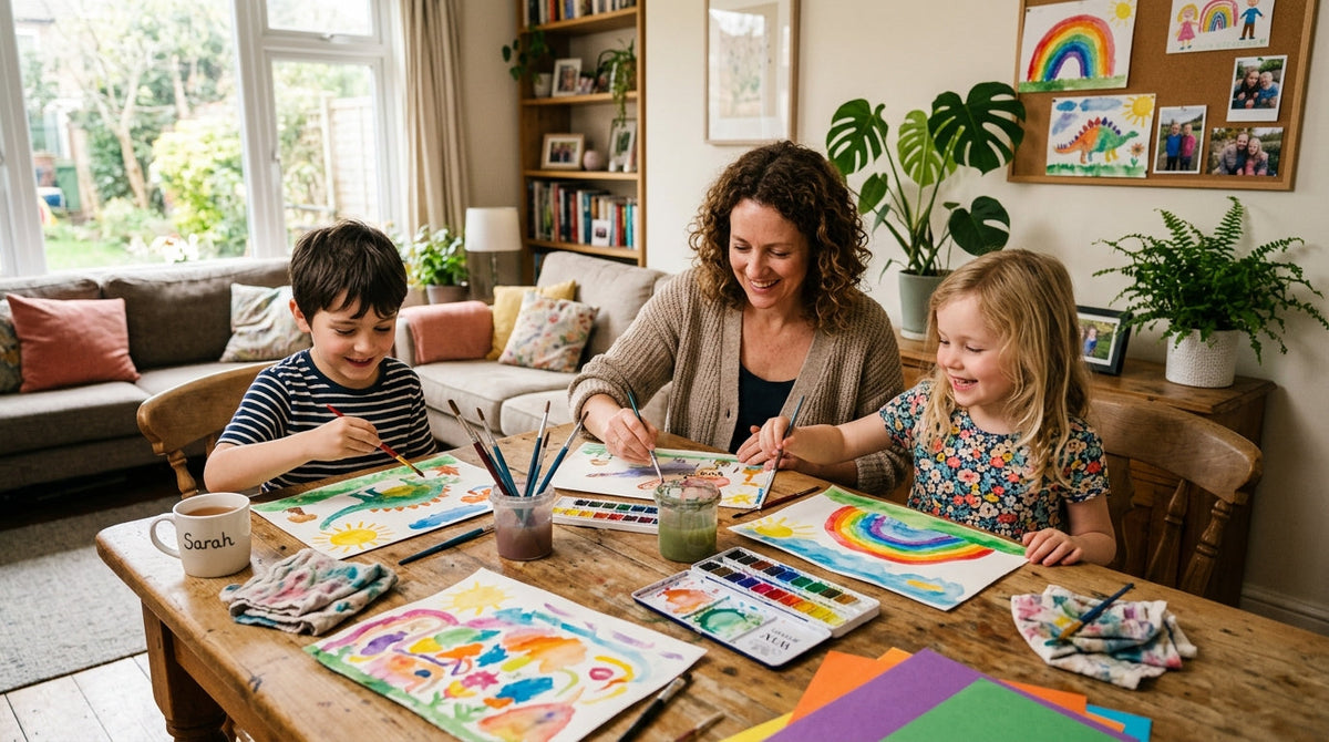 Familie malt gemeinsam zu Hause mit Aquarellfarben