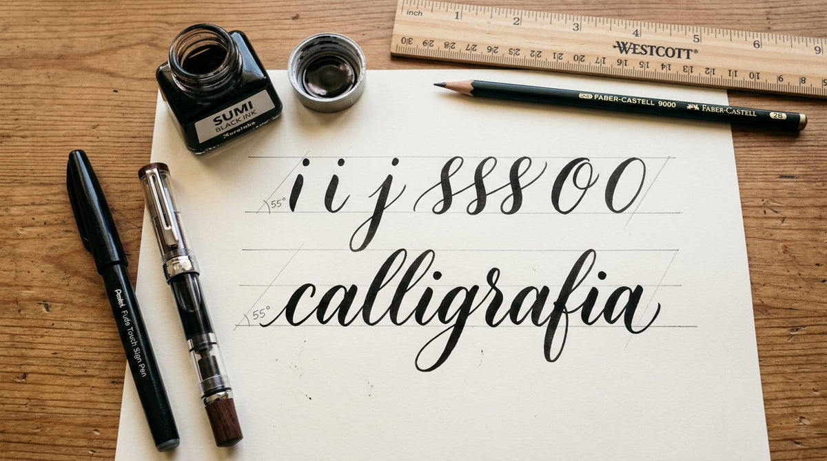Pennini, inchiostro e foglio di calligrafia in pratica