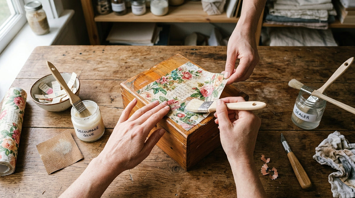 Serviettentechnik auf Holz: mit Vintage-Serviette dekorierte Holzschatulle