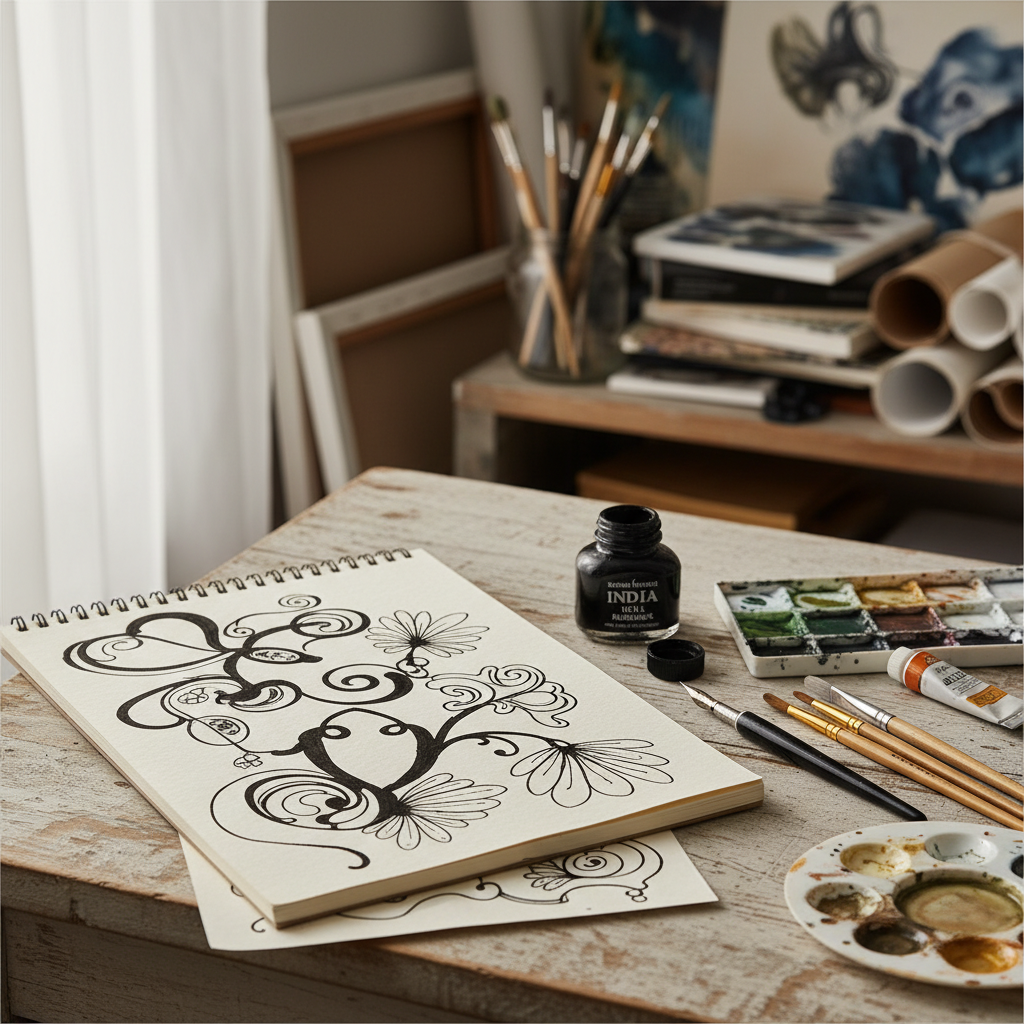 open sketchbook with ink drawings