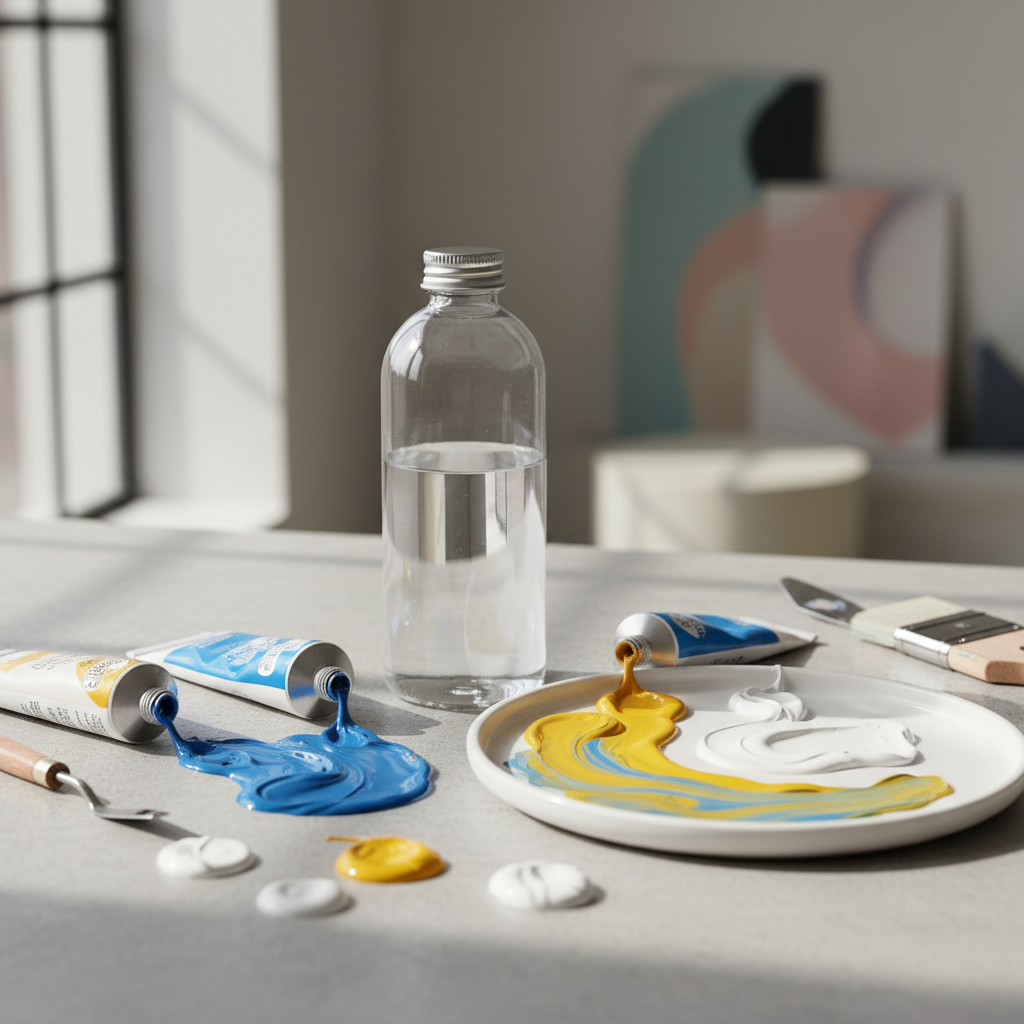 pouring medium bottle next to acrylic paint