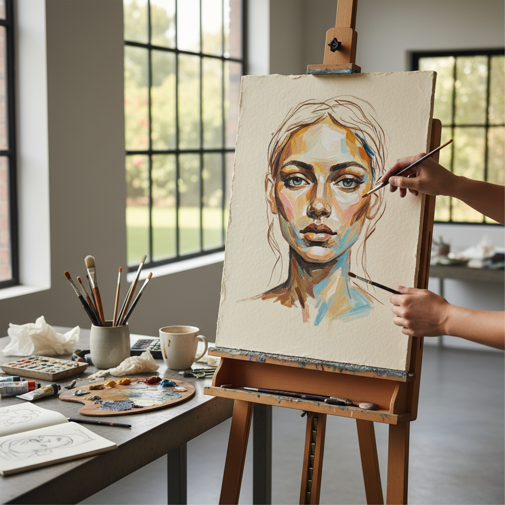 artist painting a portrait on textured surface