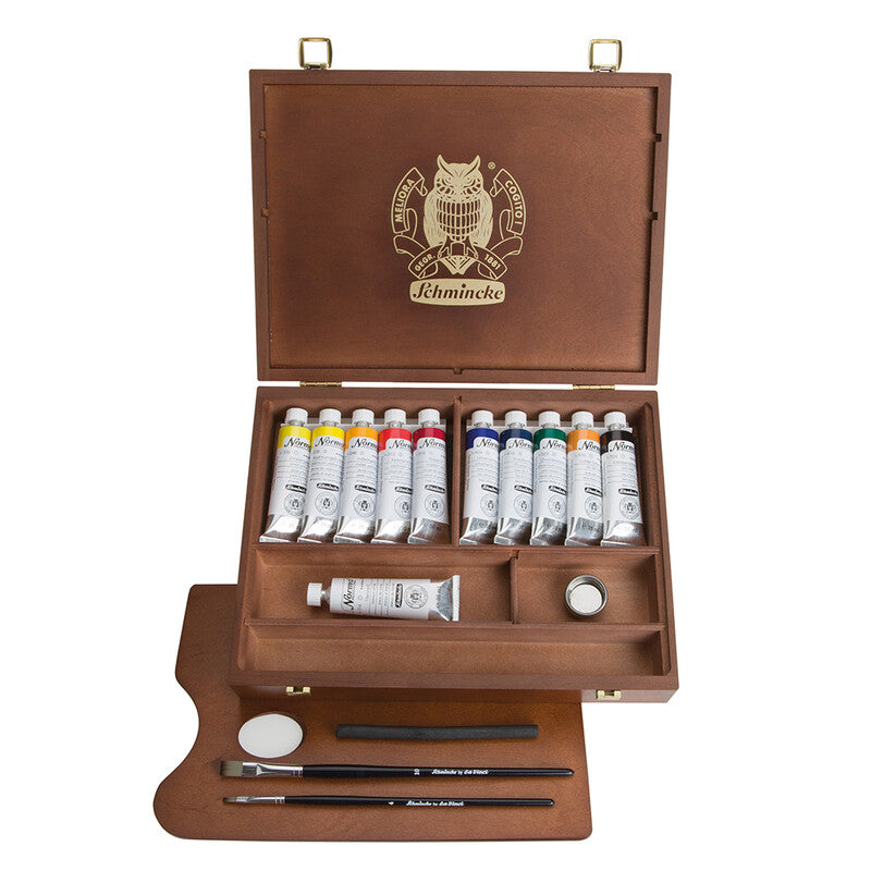 Holzkasten mit Ölfarben Schmincke NORMA Professional 11 x 35 ml + Zubehör