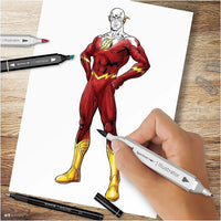 Detailansicht der 12 vorgedruckten Illustrationsvorlagen in Schwarz und Grau aus dem FLASH Kit.
