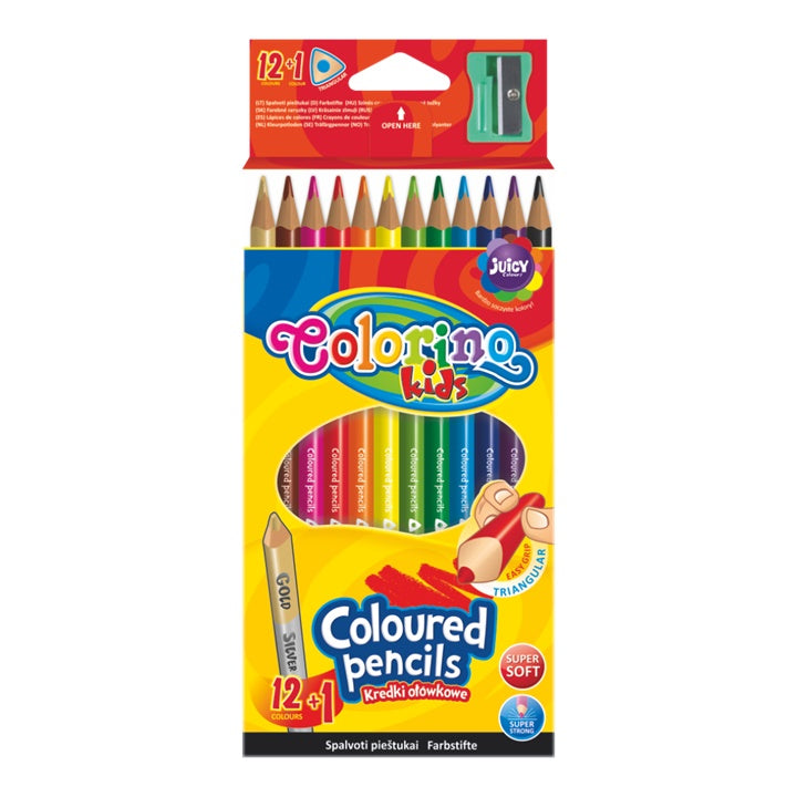 Set aus 12 dreieckigen Colorino Buntstiften mit ergonomischem Griff und Farbspitzer.