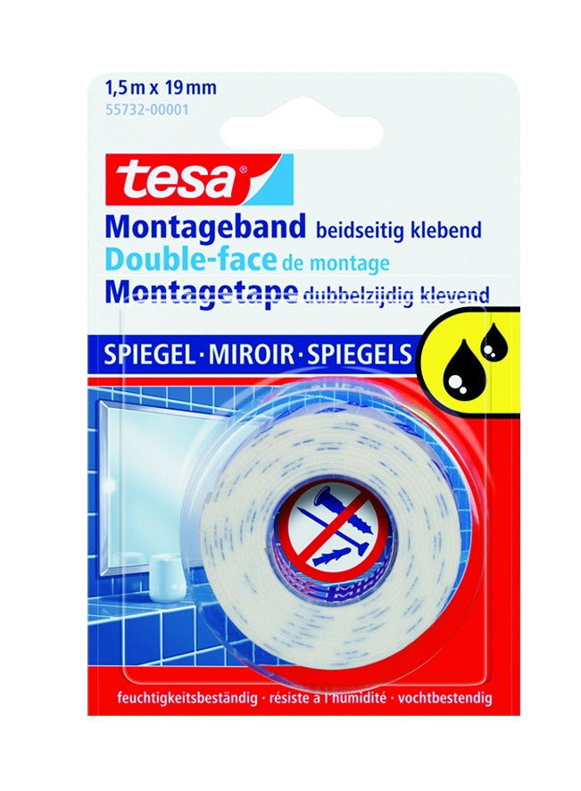 tesa Doppelseitiges Schaumstoff-Spiegelklebeband, weiß, 19 mm