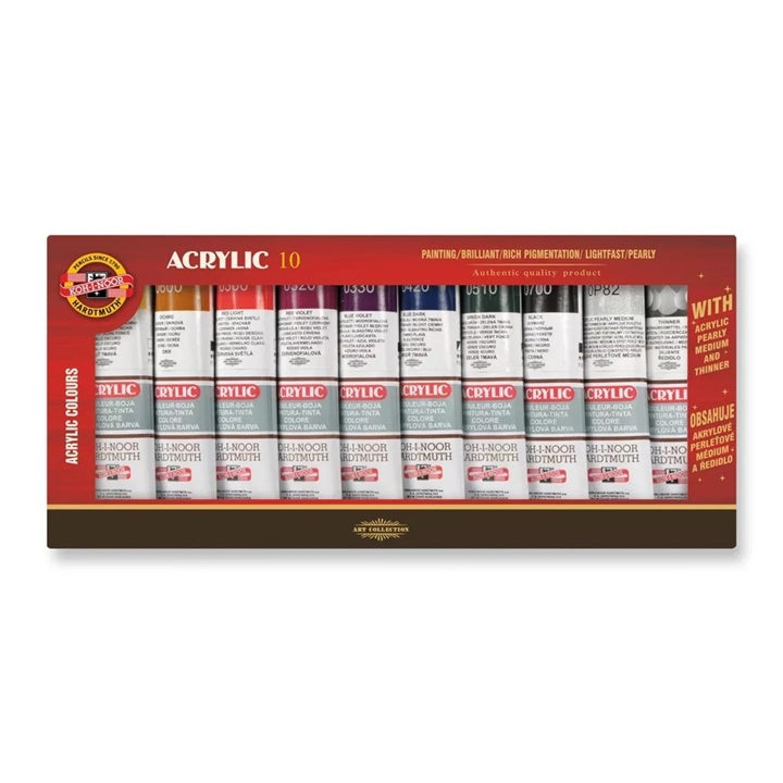 KOH-I-NOOR Acrylic 10 - Acrylfarben-Set mit Medium und Verdünner | ARTMIE