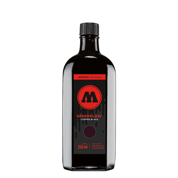 MOLOTOW COCKTAIL Speedflow Nachfüllpackung, 250 ml schwarze Tinte auf Bitumenbasis im Sicherheitsglasbehälter.
