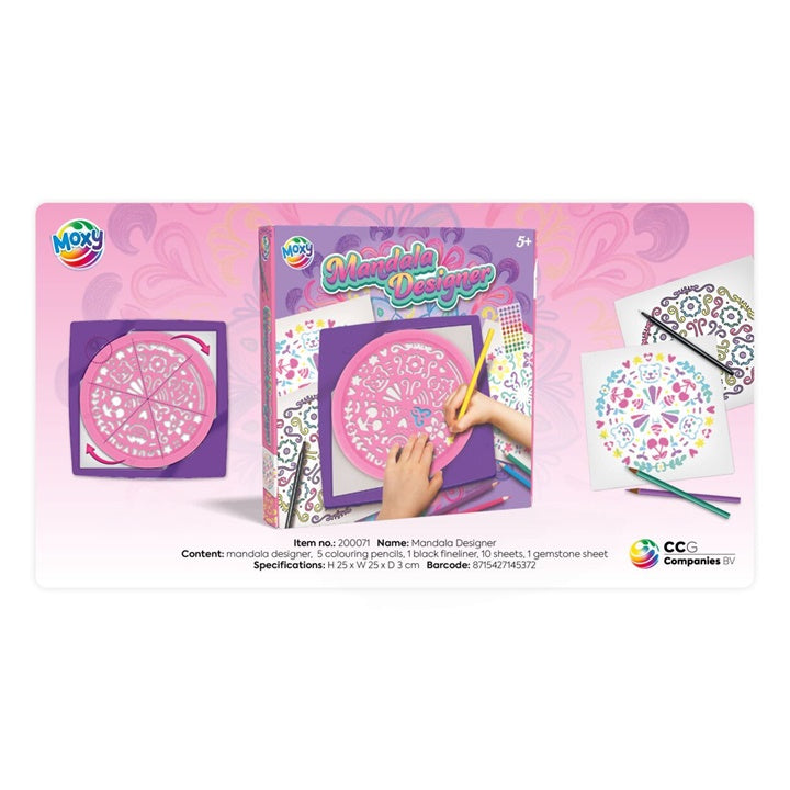 Inhalt des ARTMIE Mandala Designer Sets mit 5 Buntstiften, schwarzem Liner und dekorativen Steinen.