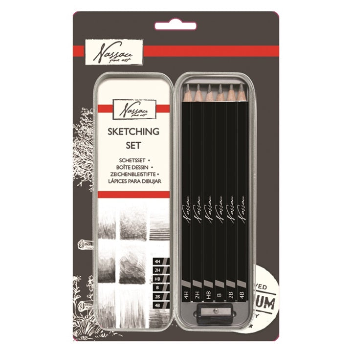 Nassau Fine Art Skizzier-Set mit 6 Grafikstiften in verschiedenen Härtegraden und Anspitzer im Blechetui.