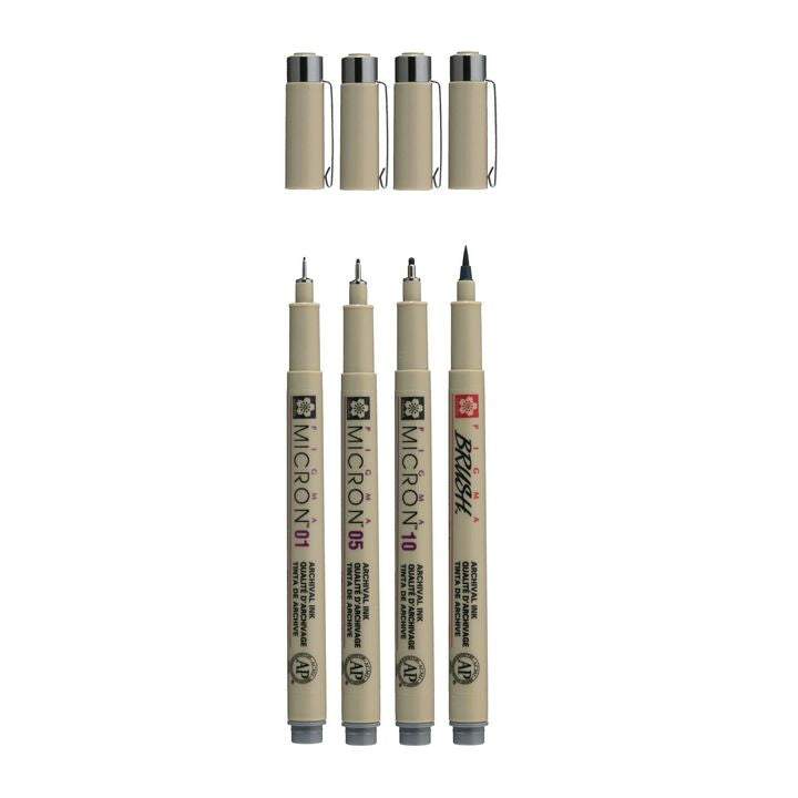 Set mit technischen Stiften Sakura Pigma Micron 3 fineliners a brush pen | dunkelgraue Farbtöne – Detailansicht 2 | ARTMIE