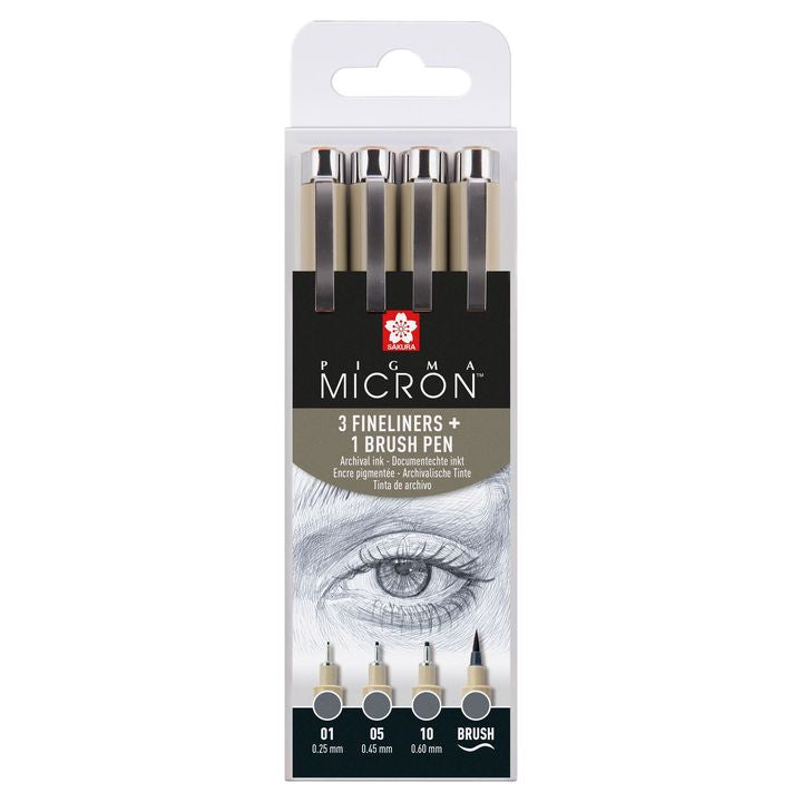 Set mit technischen Stiften Sakura Pigma Micron 3 fineliners a brush pen | dunkelgraue Farbtöne | ARTMIE