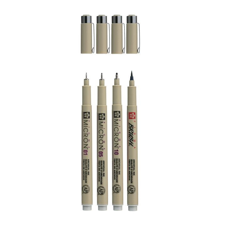Satz technischer Stifte Sakura Pigma Micron 3 fineliners a brush pen | Grautöne – Detailansicht 2 | ARTMIE