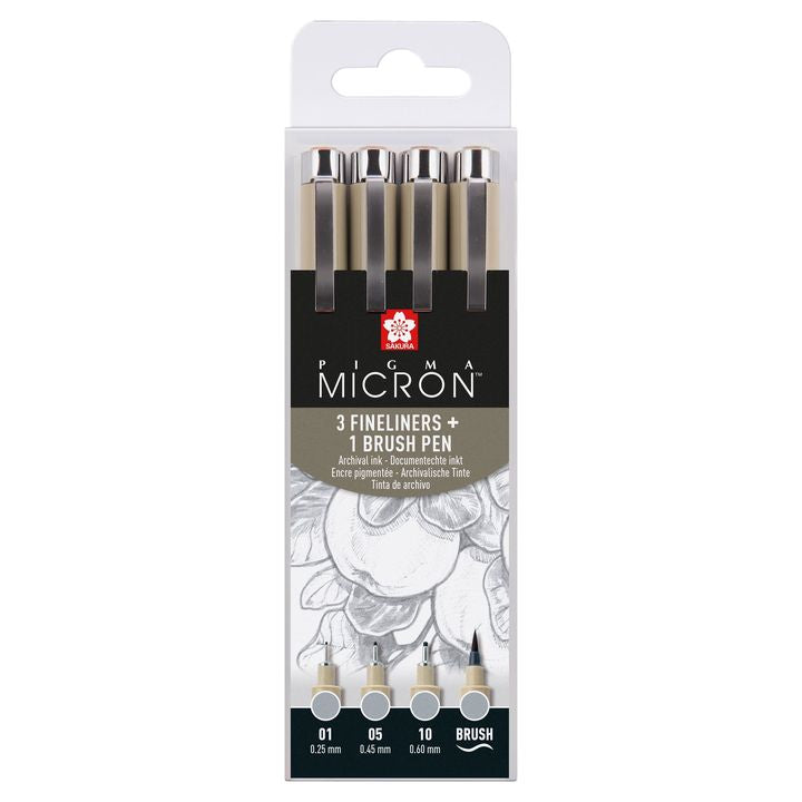 Satz technischer Stifte Sakura Pigma Micron 3 fineliners a brush pen | Grautöne | ARTMIE