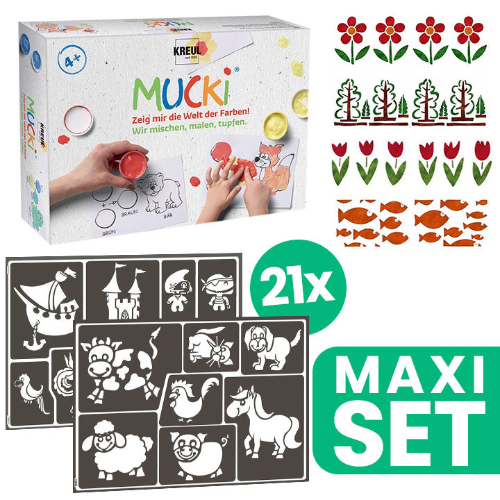 Kinder-Malschablonen-Kollektion 21 Stück + MUCKI Fingerfarben-Set | ARTMIE