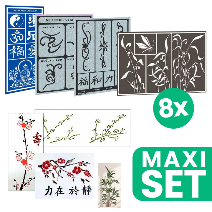 Asiatische Fantasie Malerei und Tätowierung Schablonen Set - 8 verschiedene Größen und Typen | ARTMIE