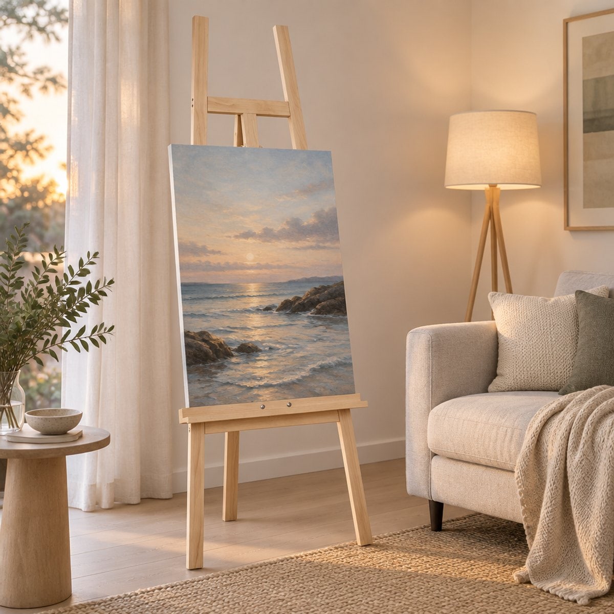 Staffelei ACADEMY als Präsentationsstaffelei für ein Bild im Wohnzimmer
