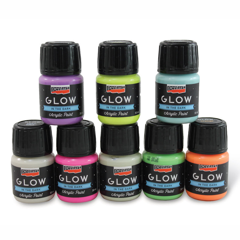 Wasserbasierte Phosphor-Acrylfarbe 30 ml mit leuchtenden Tönen bei Tag und Glüheffekt bei Nacht.
