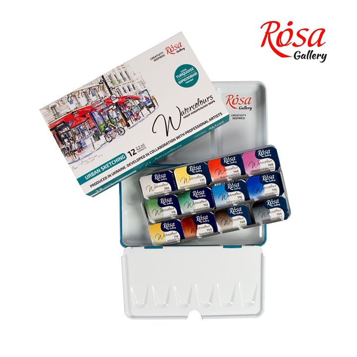 Rosa Gallery Aquarellfarben Set Urban Sketching mit 12 Näpfchen zu je 2,5 ml.