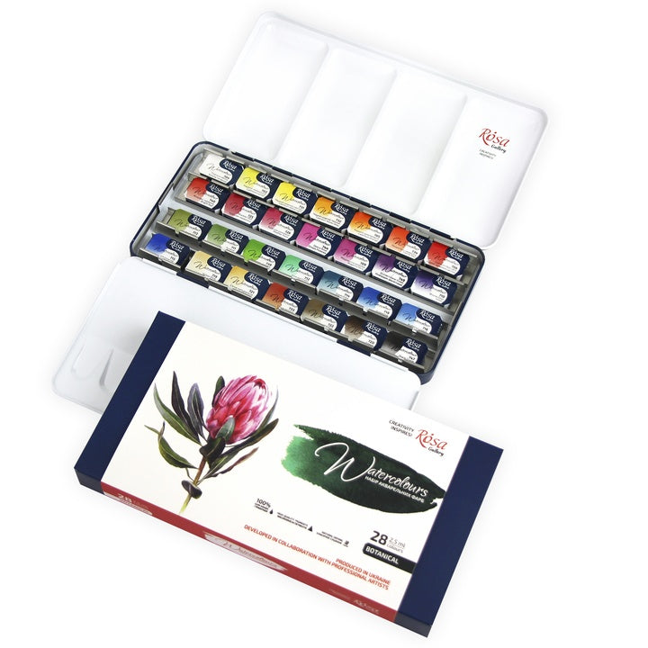 Aquarellfarben-Set Botanycal ROSA GALLERY Metallkasten, 28 Farben, volle Töpfe