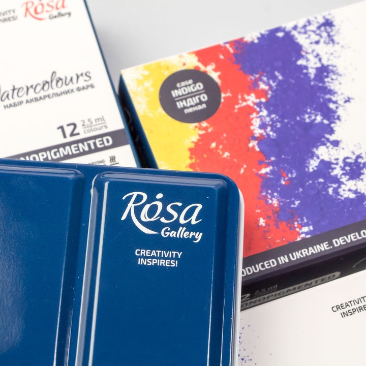 Aquarellfarben-Set "Мonopigmentiert" ROSA GALLERY, Metalldose, Indigo, 12 Farben, volle Töpfe