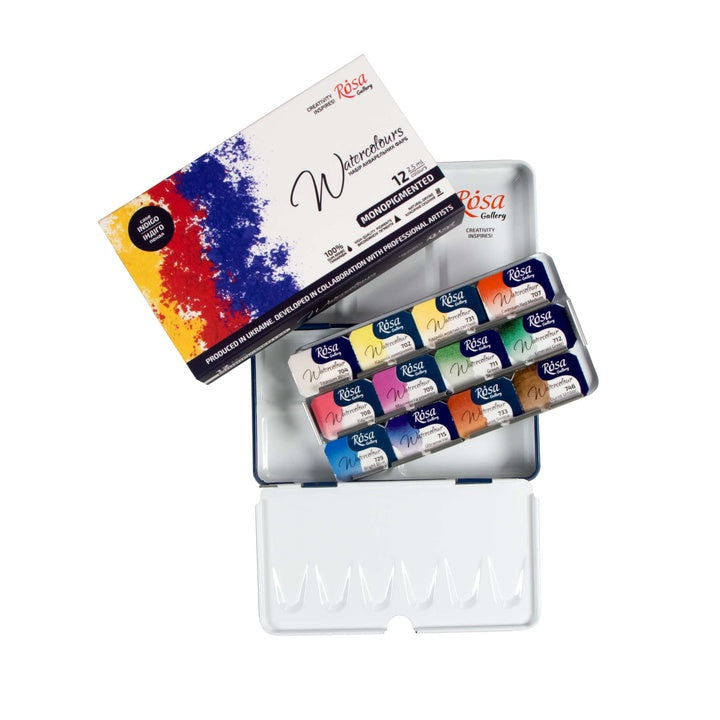 Aquarellfarben-Set "Мonopigmentiert" ROSA GALLERY, Metalldose, Indigo, 12 Farben, volle Töpfe