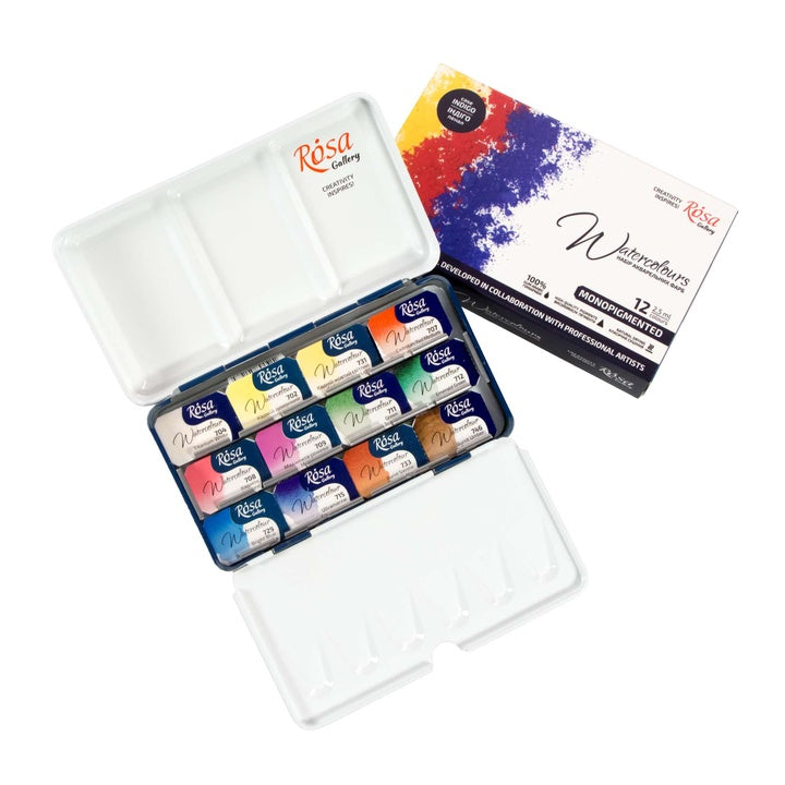 Aquarellfarben-Set "Мonopigmentiert" ROSA GALLERY, Metalldose, Indigo, 12 Farben, volle Töpfe