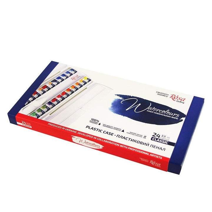 Aquarellfarbenset "Classic" ROSA Gallery, Kunststoffkoffer, 24 Farben, volle Töpfe