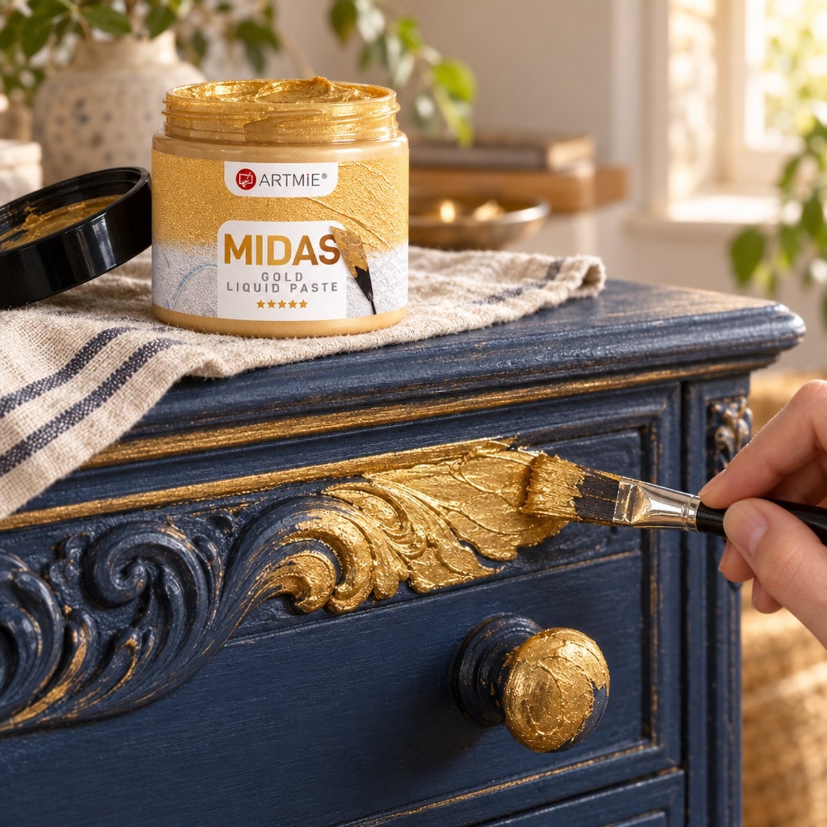 Vergolden einer geschnitzten Kommode mit dem Pinsel — goldene Metallic-Paste ARTMIE MIDAS