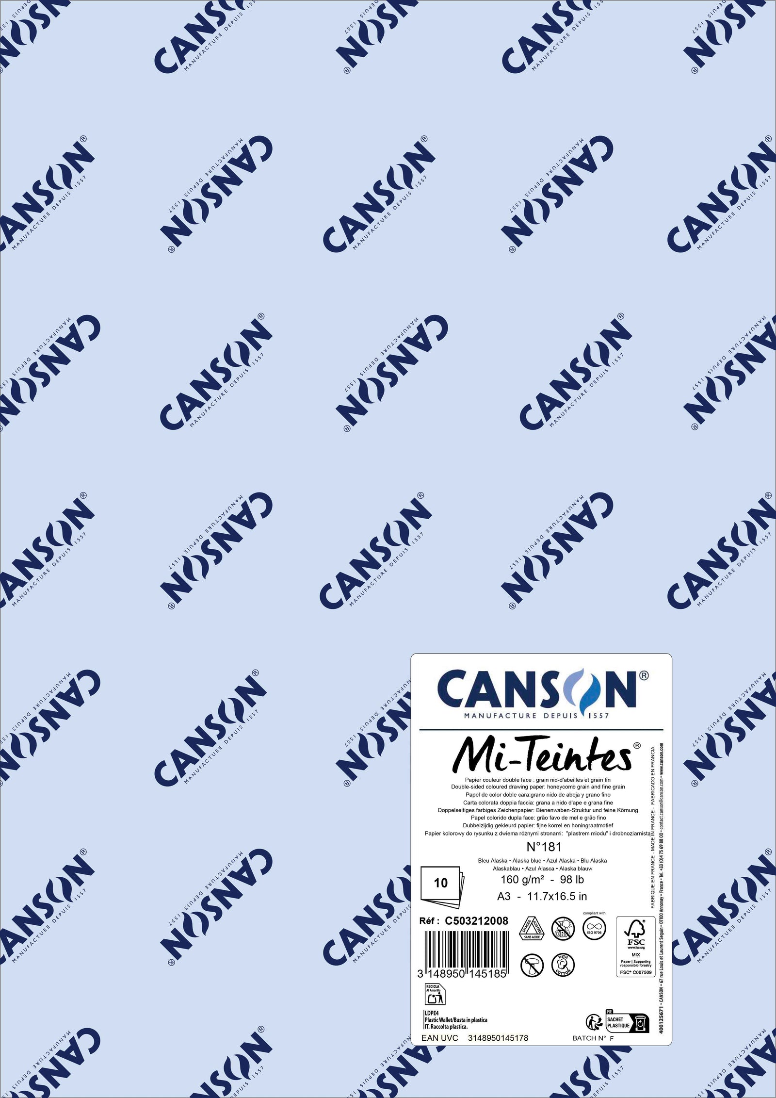 Pastellpapier Canson Mi-Teintes A3 160 g - 10 Bogen – Alaskablau 181