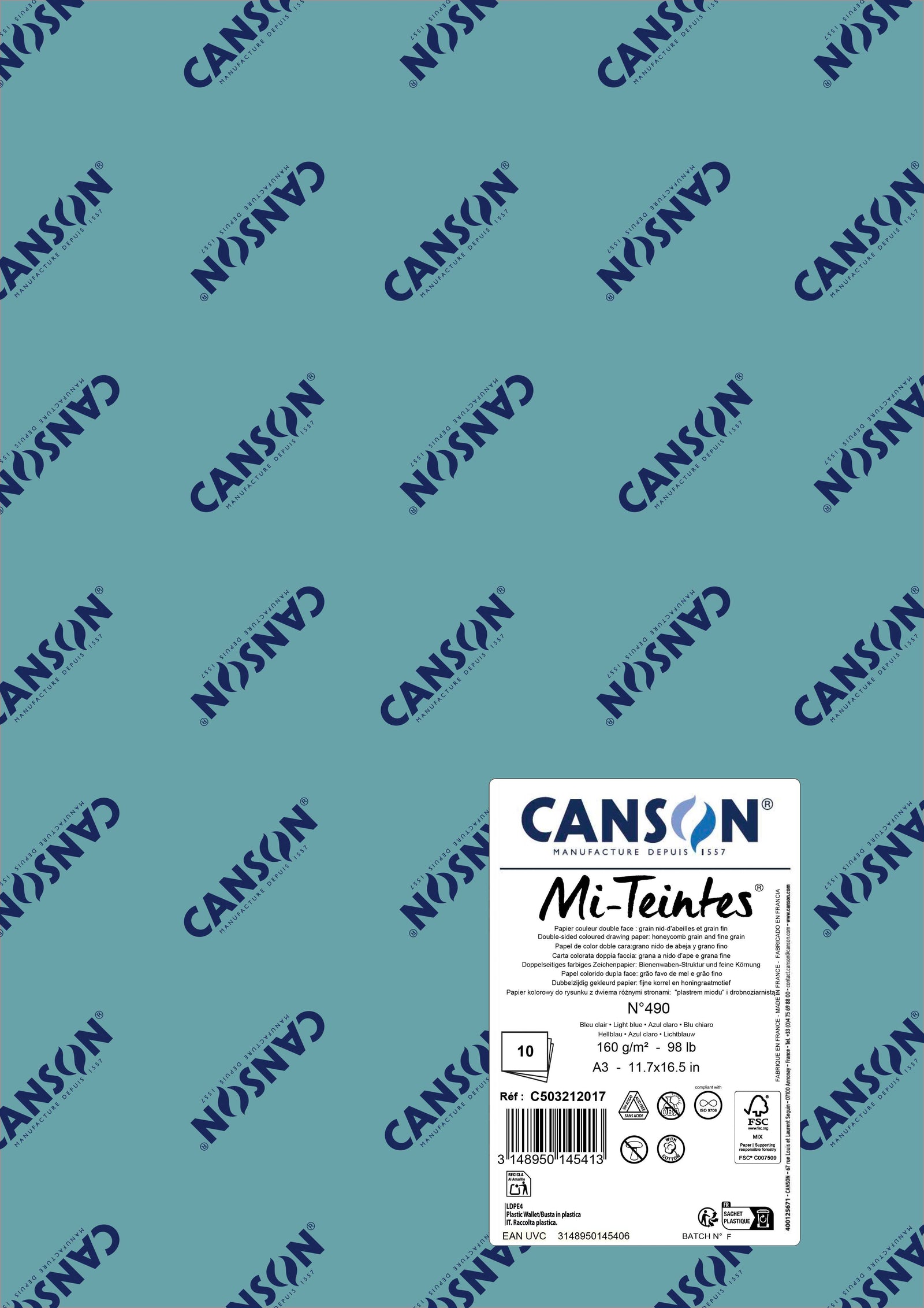 Pastellpapier Canson Mi-Teintes A3 160 g - 10 Bogen – Hellblau 490
