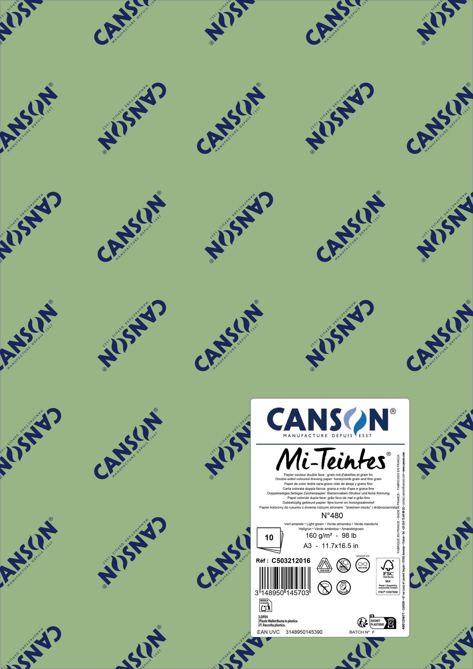 Pastellpapier Canson Mi-Teintes A3 160 g - 10 Bogen – Hellgrün 480