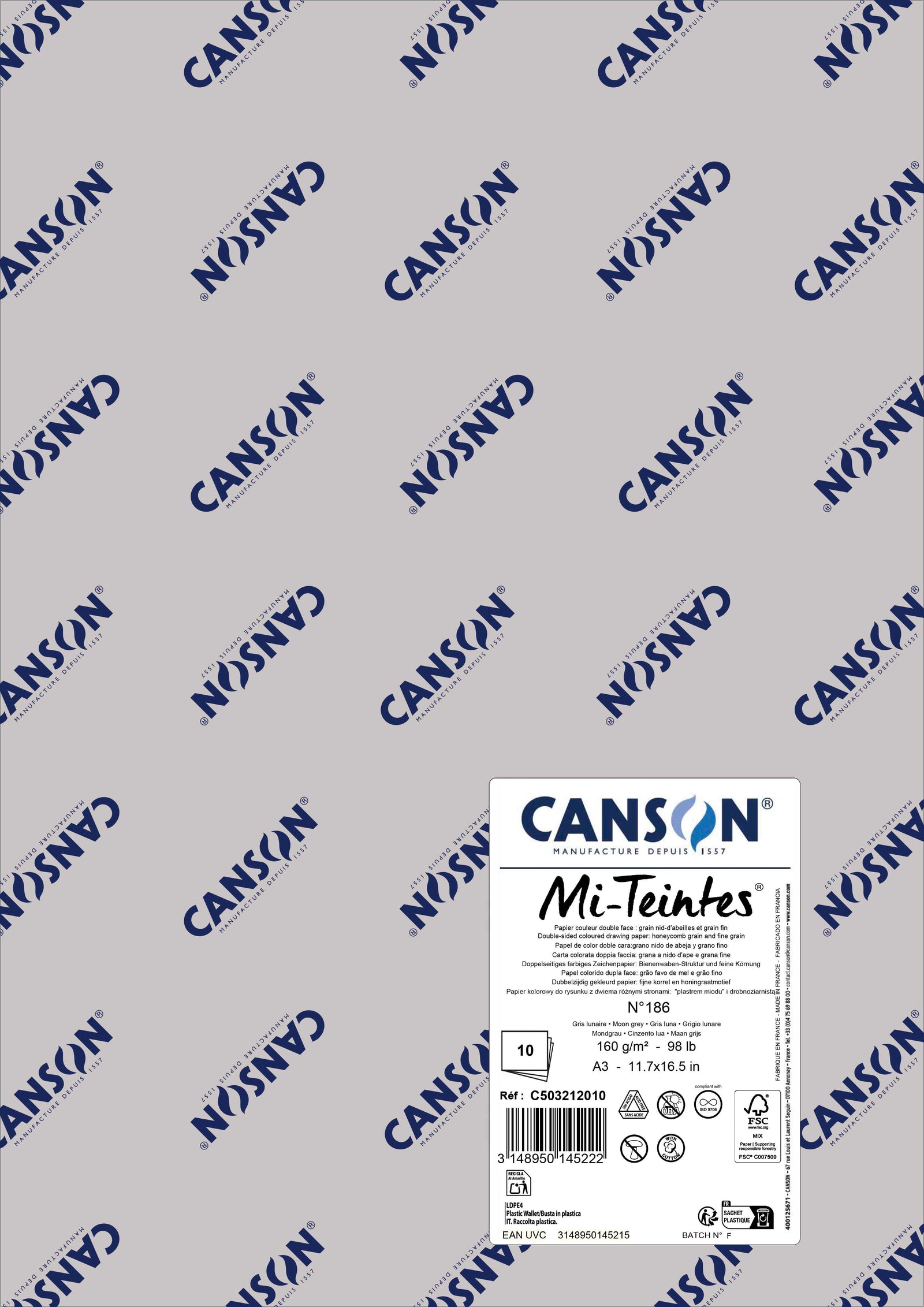 Pastellpapier Canson Mi-Teintes A3 160 g - 10 Bogen – Mondgrau 186