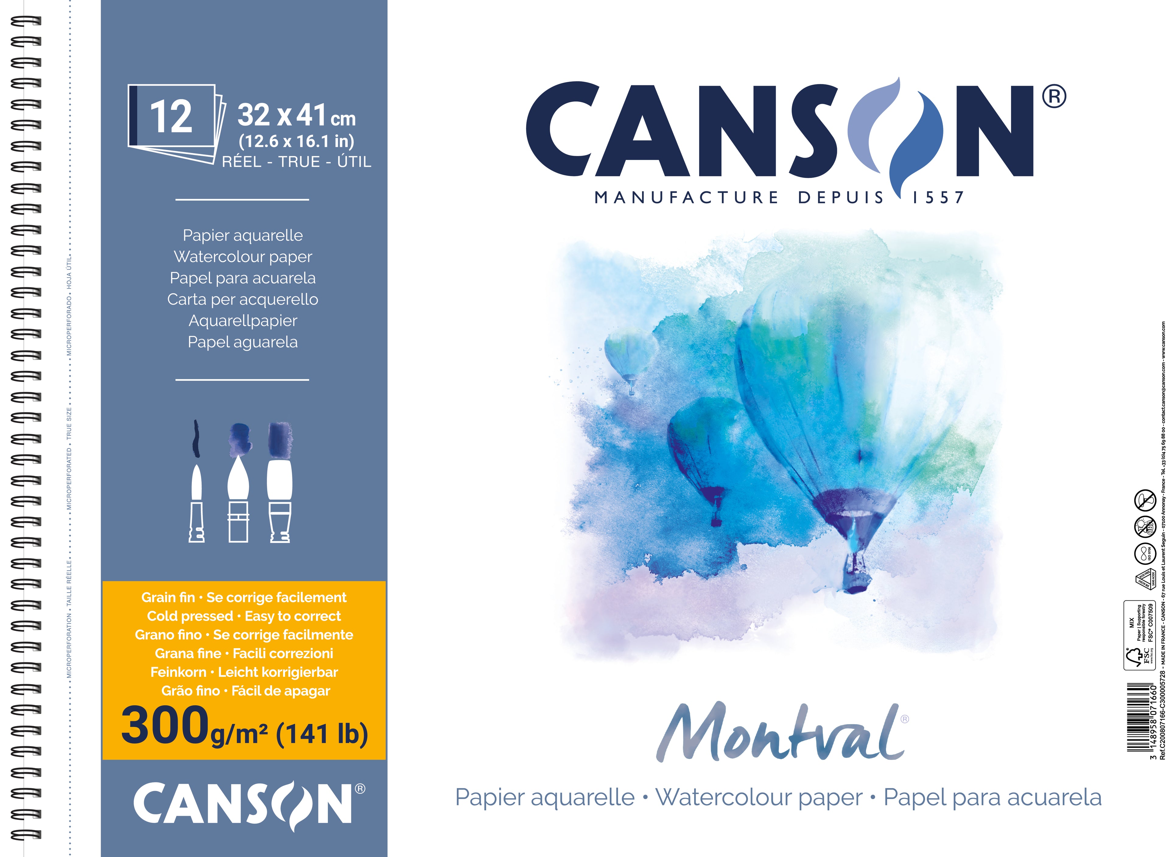 CANSON Montval Aquarellblock CP 300 g/m² 12 Blatt 32 x 41 cm Spiralbindung