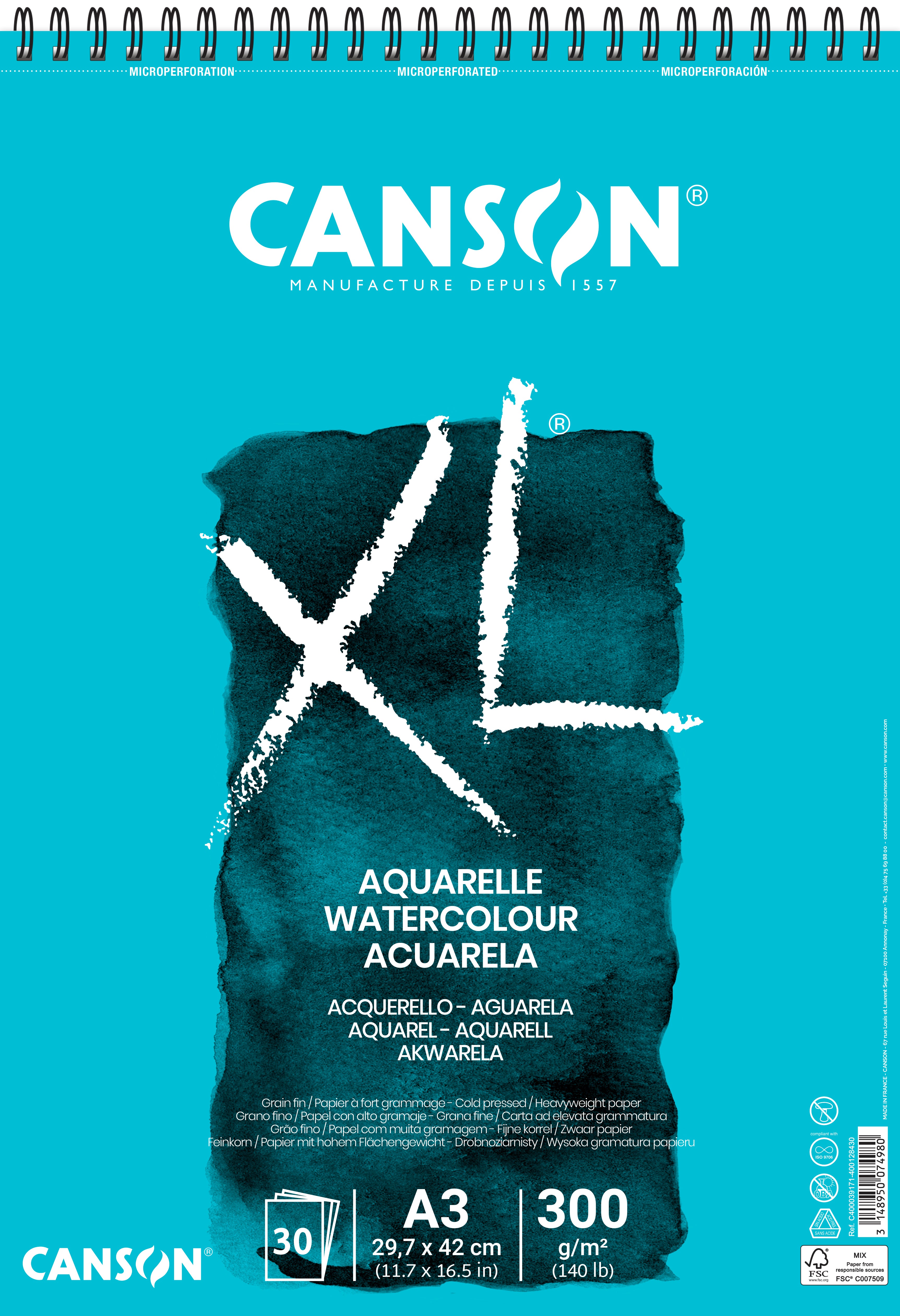 CANSON XL Aquarelle Aquarellblock 300 g/m² A3 - 30 Blatt, Spirale