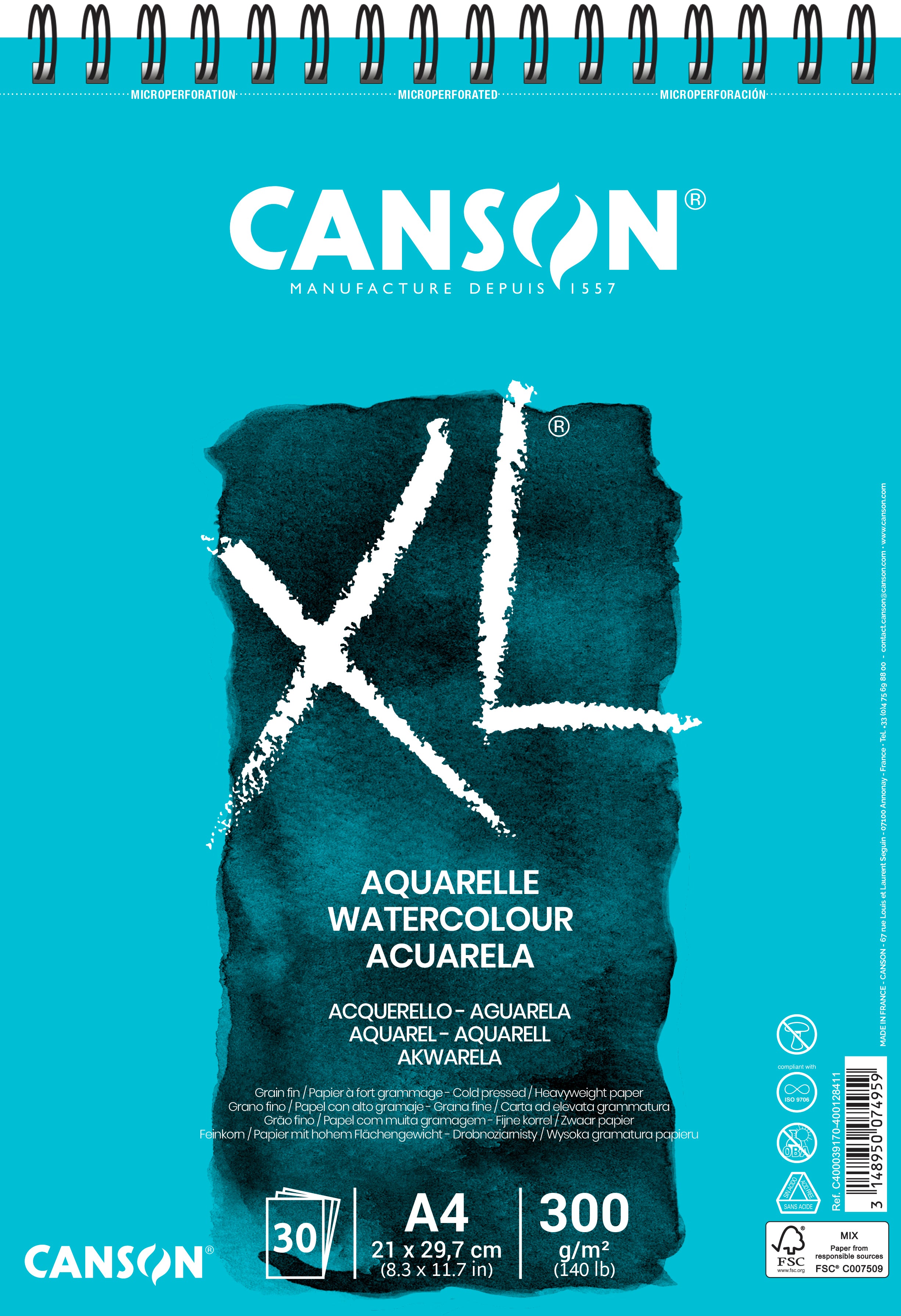 Canson XL Aquarellblock CP White 300 g/m² - 30 Blatt, A4, Spiralbindung