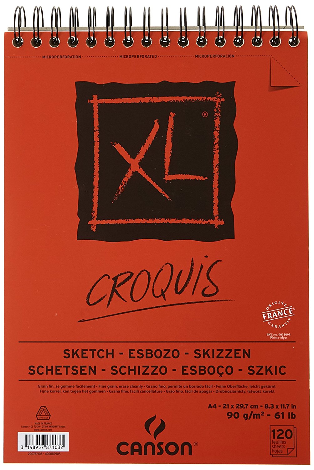 CANSON XL Croquis Zeichenblock 90 g/m² A3 - 120 Blatt, Spiralbindung oben