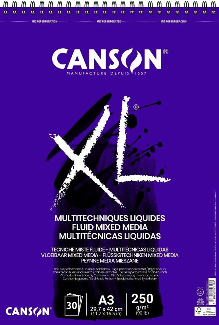 Canson XL Fluid Mix Media Block 250 g/m², 30 Blatt, A3, Spiralbindung