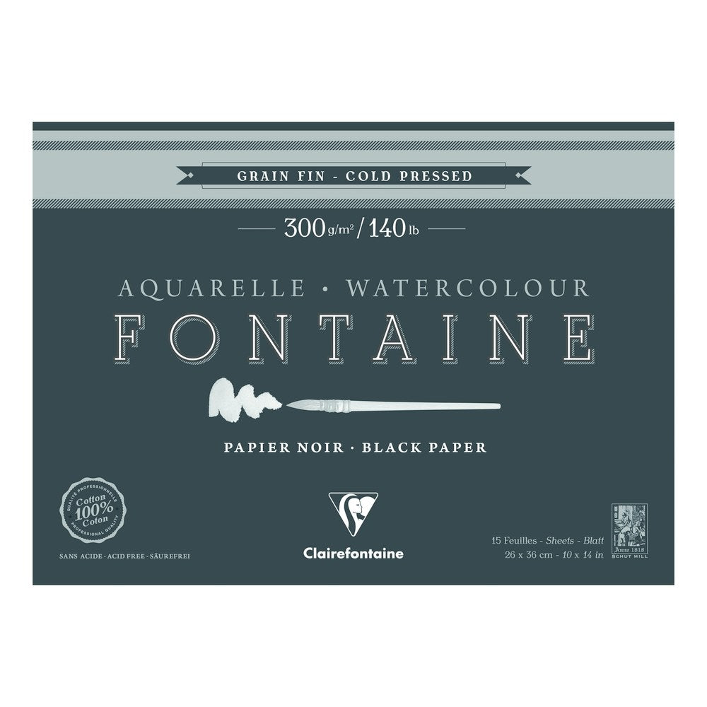 Clairefontaine Fontaine Aquarellblock CP Black 300 g 15 Blatt x 26 cm rundum geleimt – 36