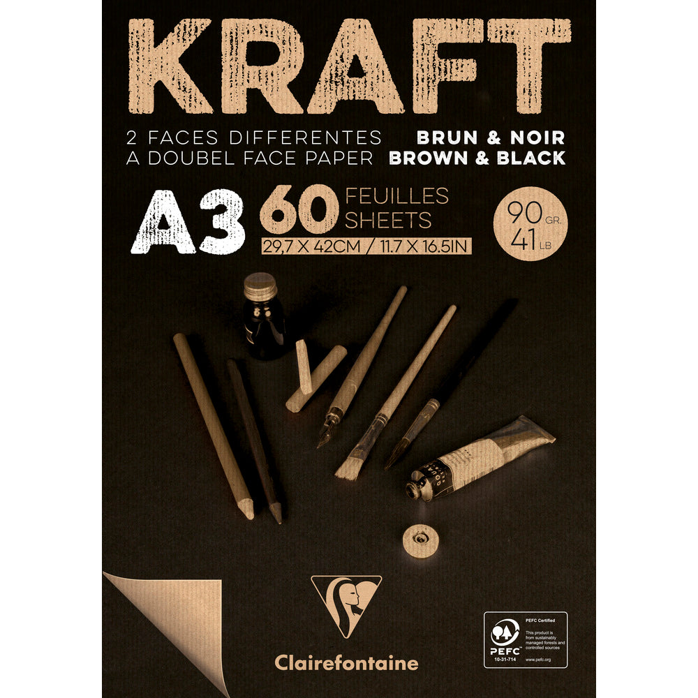 Clairefontaine Kraftpapier-Block geleimt – 90 g 60 Blatt A3 Braun und Schwarz