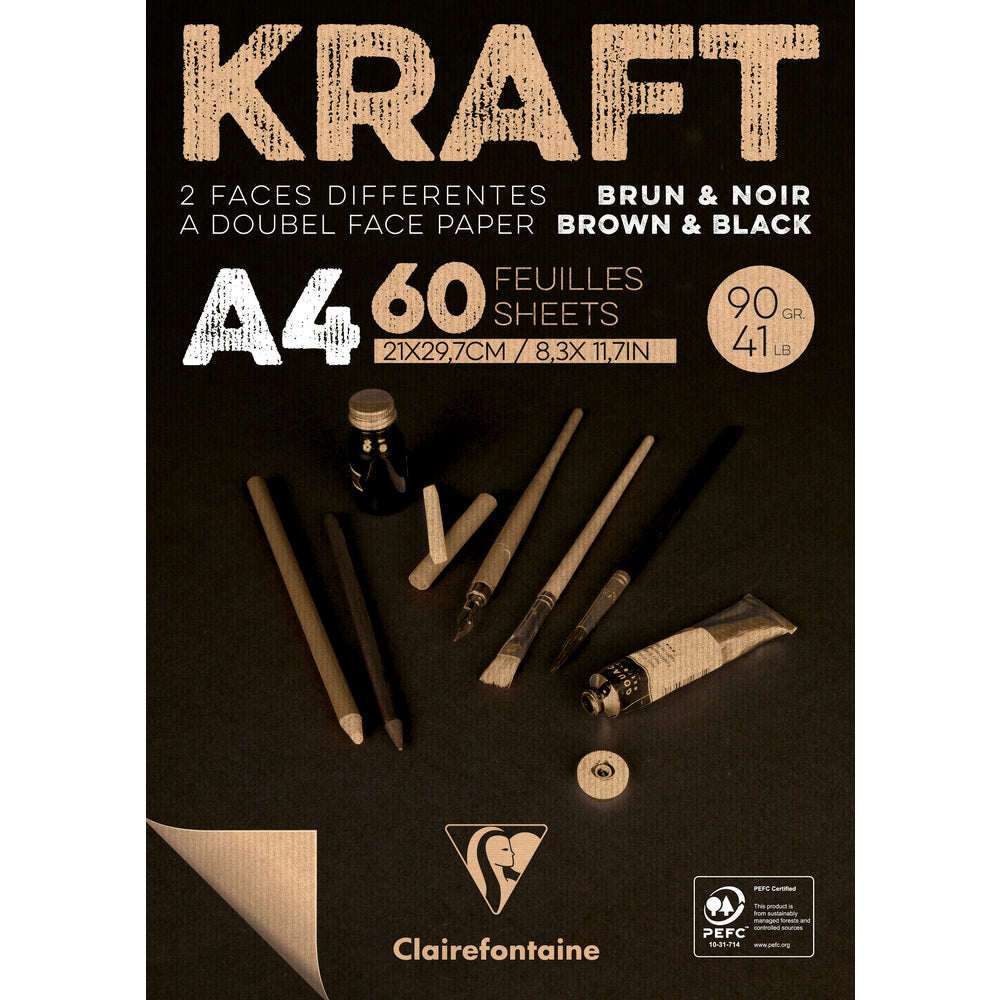 Clairefontaine Kraftpapier-Block geleimt – 90 g 60 Blatt A4 Braun und Schwarz