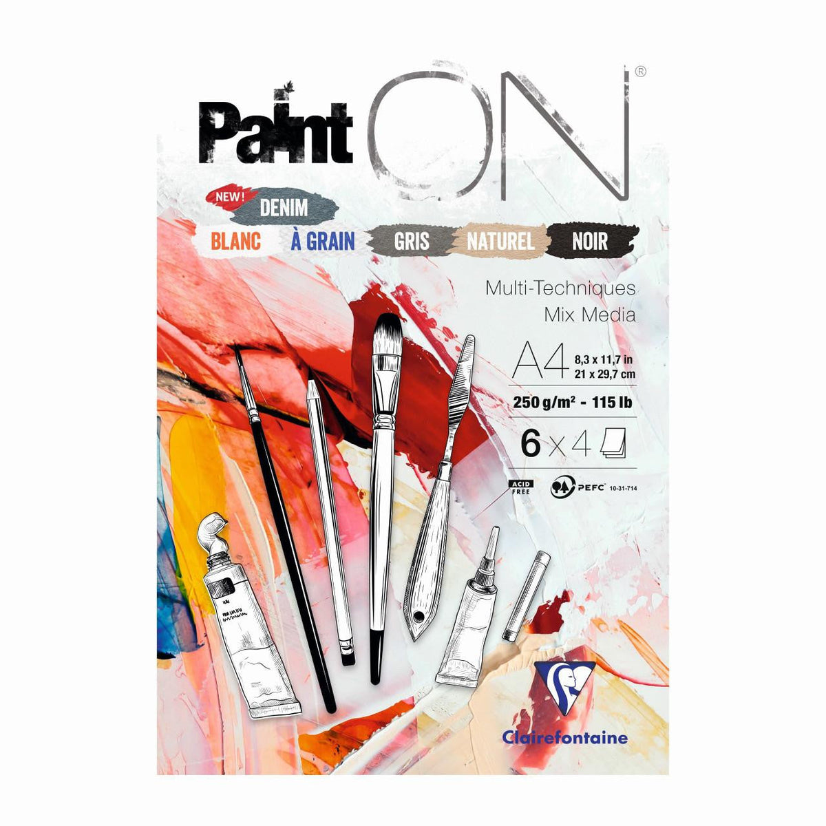 Clairefontaine Paint'On Mix Media Block Nr. 6 250 g 24 Blatt kopfgeleimt verschiedene Farben