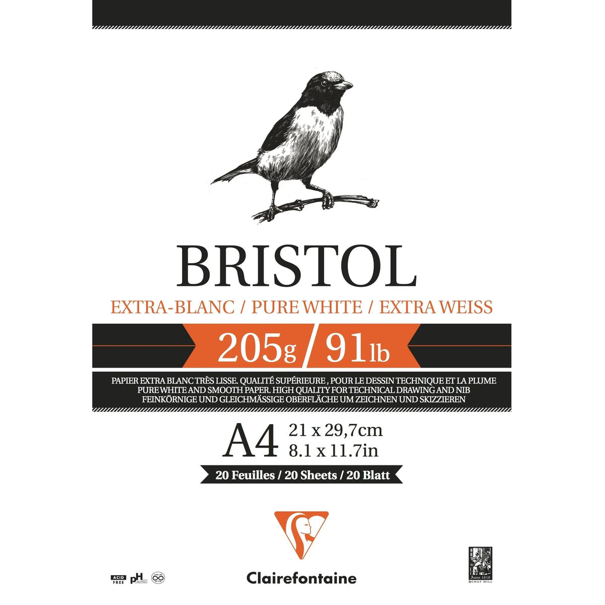 CLAIREFONTAINE Zeichenblock Bristol 205 g/m² – 20 Blatt, A4 – A3