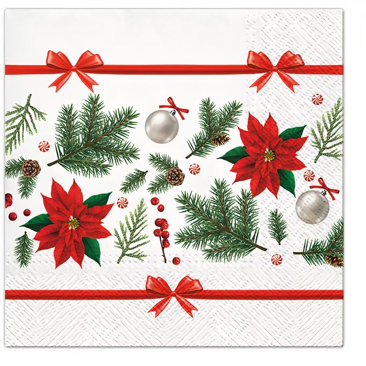 Decoupage-Serviette mit Weihnachtsstern und Tannenzweigen für kreative Weihnachtsdeko | ARTMIE
