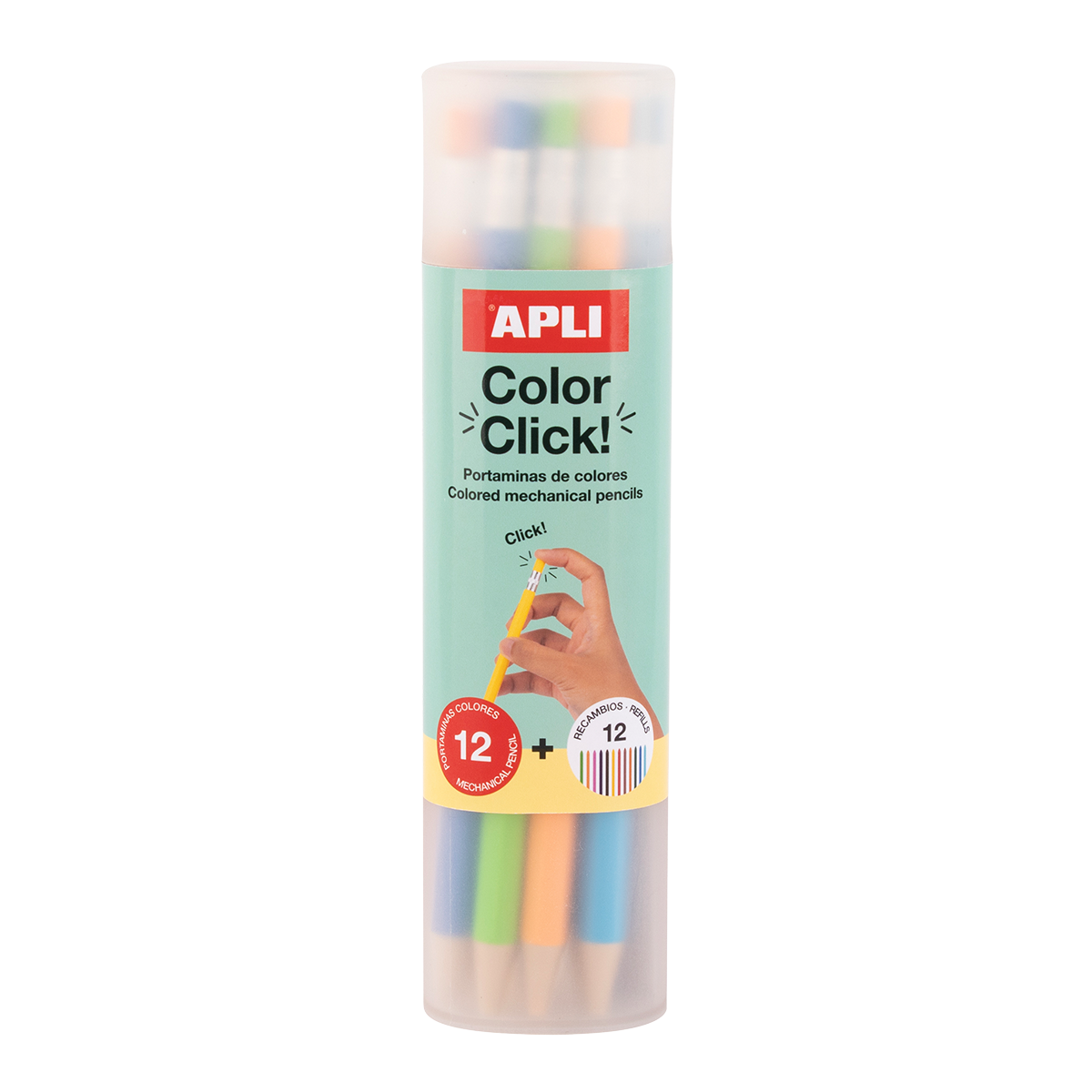 Druckbuntstifte APLI Color Click, 12 Stk. mit Ersatzminen und Anspitzer