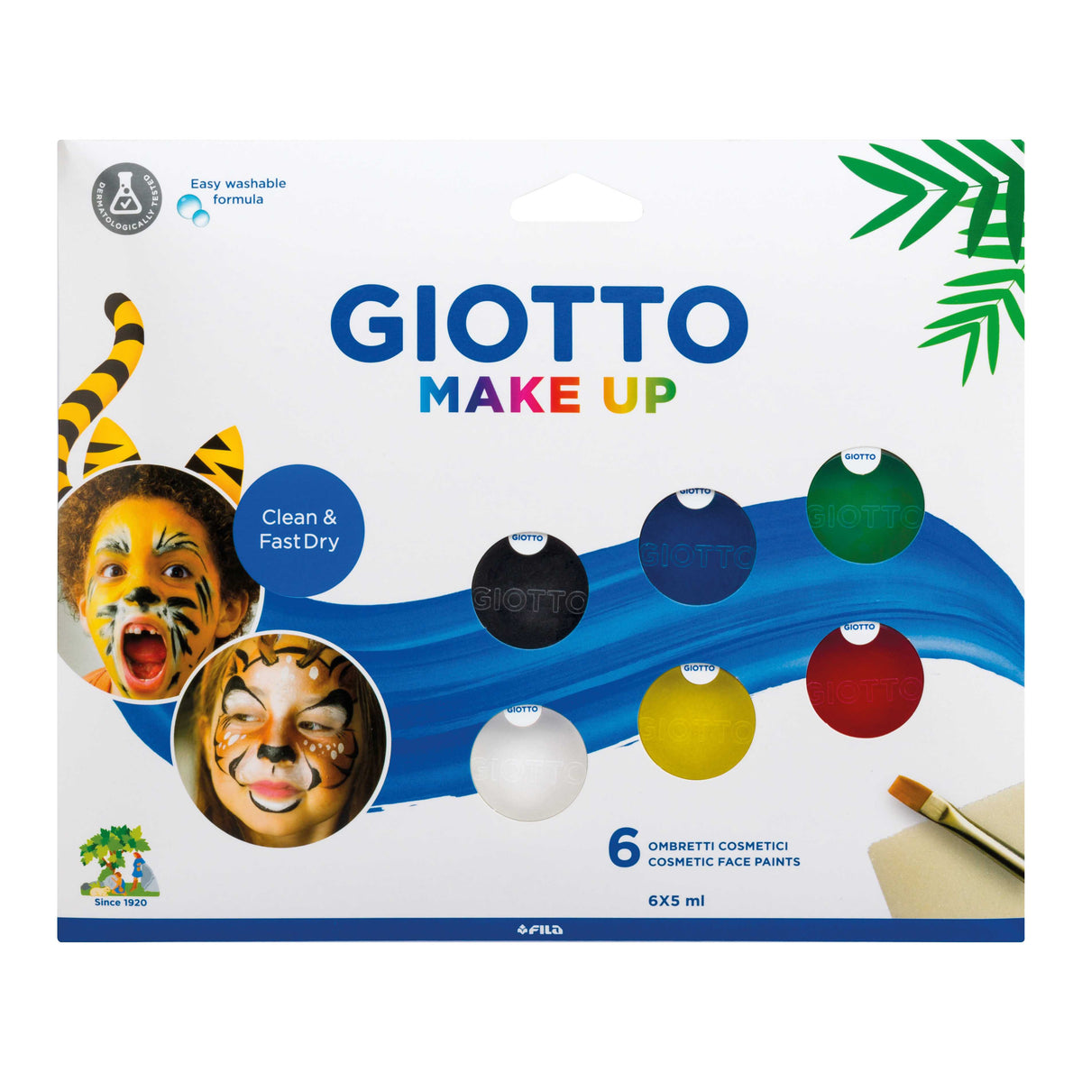 GIOTTO Make Up Kinderschminke Set 6 x 5 ml mit Pinsel und Schwamm