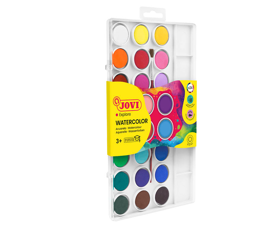 JOVI Deckfarbkasten 24 Farben mit Pinsel (Durchmesser 22 mm)